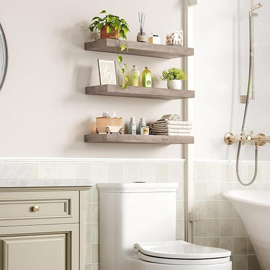 RALGEND Floating Shelves for Wall, 1.5" Thick Wall Shelf Set of 3 with Invisible Brackets, 23.6L x 7.9W Hanging Book Shelves Farmhouse Home Decor for Bathroom, Living Room, Bedroom, Greige 6301BJP3BG