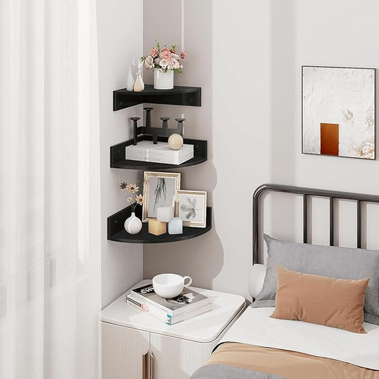 Homode Corner Floating Shelves, Set of 3 Corner Shelves Wall Mounted with Cable Hole, 3 Tier Wooden Hanging Corner Storage Shelf for Bedroom, Living Room, Kitchen, Black