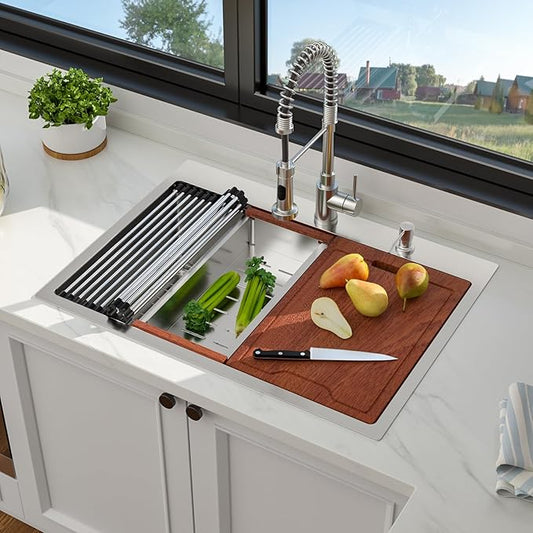 30 Inch Drop In Kitchen Sink, 16 Gauge 304 Stainless Steel 30x22 Drop In Ledge Workstation Sink, Topmount Single Bowl Basin Handmade Sink Above Counter, 30''x22''x10''