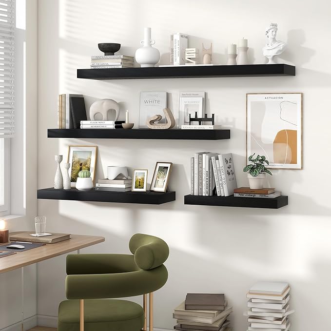 Heimlove 36 Inch Floating Shelves for Wall,Thicker and Deeper Wall Shelves Mounted Storage & Display Wood Shelf,Hanging Shelf for Bedroom Living Room Kitchen Office,Set of 2,Black