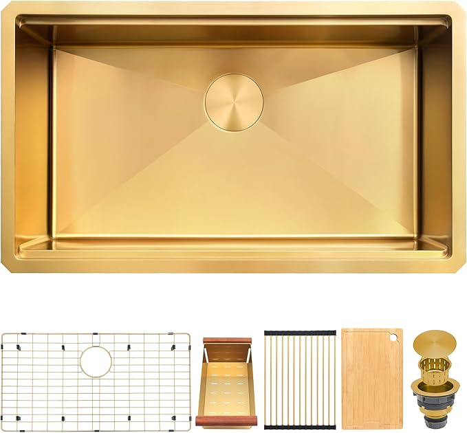 MILOSEN 33 Inch Gold Undermount Kitchen Sink,33" x 19" Gold Stainless Steel Sinks, Single Bowl Workstation Sink with Custom Accessories, Handmade Under Counter Design, 9'' Large and Deep Kitchen Sinks