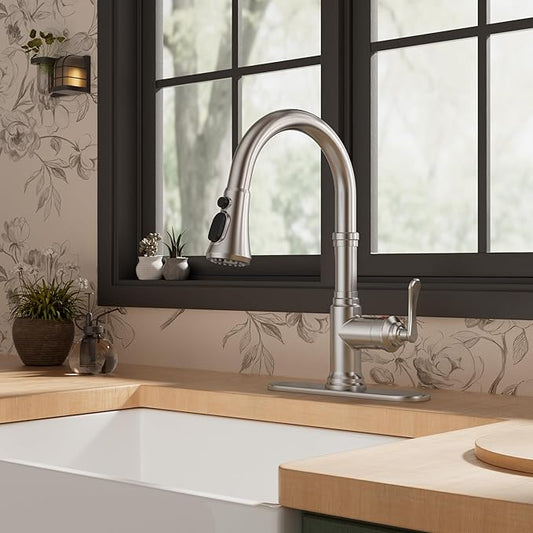 FORIOUS Antique Kitchen Faucets with Pull Down Sprayer Brushed Nickel, 3 in 1 Stainless Steel High Arc Single Handle Sink Faucet for Farmhouse Camper Rv Bar, Fit for 1 or 3 Hole