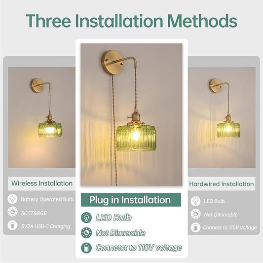 Shenmoyl Vintage Wall Sconce with Green Striped Glass Shade Hanging Wall Sconce with 4.9FT Plug in Cord, Modern Wall Lamp Fixtures Decor for Bedside Bedroom Indoor Doorway, Set of 2