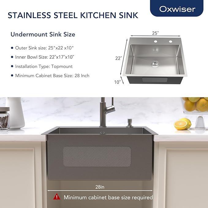 Kitchen Sink 25x22 Inch Drop In Kitchen Sink Top Mount 16 Gauge Deep R10 Single Bowl 2-Hole Stainless Steel Sink with Accessories
