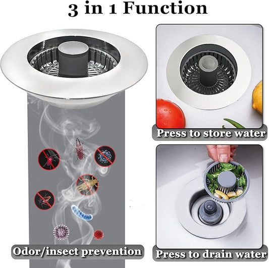 BAOLSLS 3 in 1 Kitchen Sink Stopper, Pop Up Kitchen Sink Drain Strainer, with an Extra Basket Strainer, Kitchen Sink Drain Stopper for US Standard 3-1/2 Inch, Brass Material Electroplate Silver