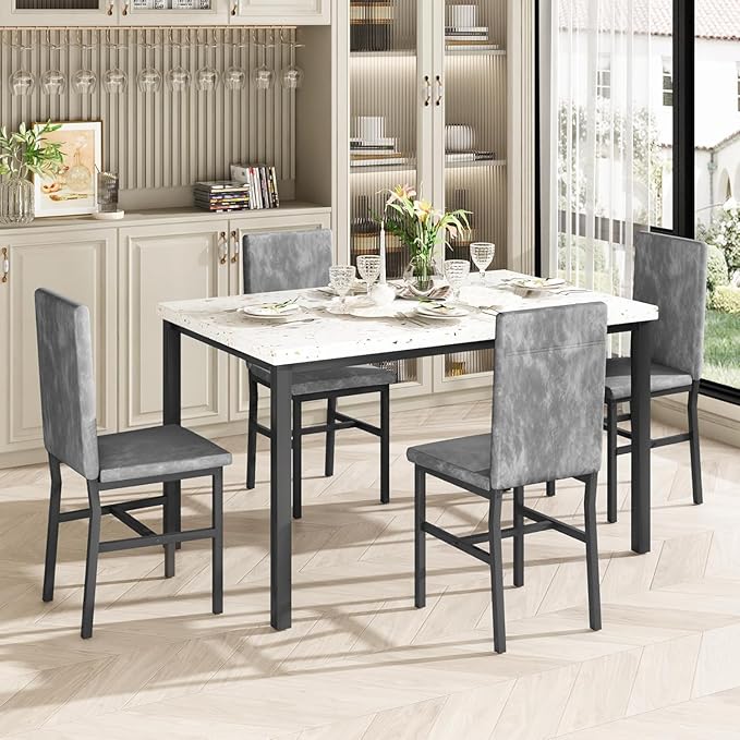 tantohom Dining Table Set for 4, 5-Piece Faux Marble Dining Set,4 Upholstered Velvet Chairs, Modern Kitchen Table Furniture for Dining Room, Dinette, Compact Space-Saving Faux Marble Tabletop, Grey