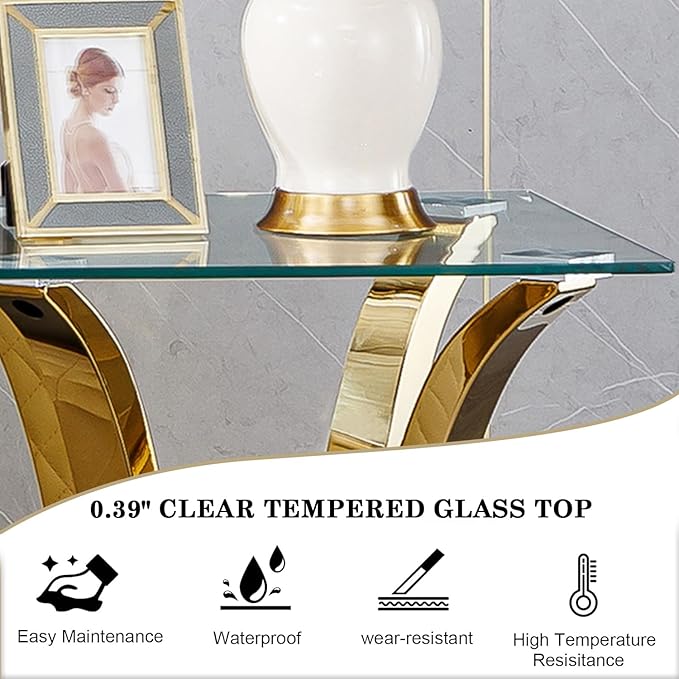 Henf Luxury Glass Coffee Table Set of 2 Piece Gold Living Room Table Set of 2 Including Coffee and End Table Set, Gorgeous Stainless Steel Frame, Clear Glass Top for Living Room Home Office Apartment