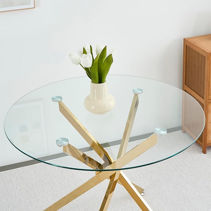 Henf 36" Glass Round Dining Table with X-Shape Metal Legs, Gold Kitchen Table for 2-4 People, Round Glass Dining Room Table for Small Space, Easy Assembly Circular Side Desk