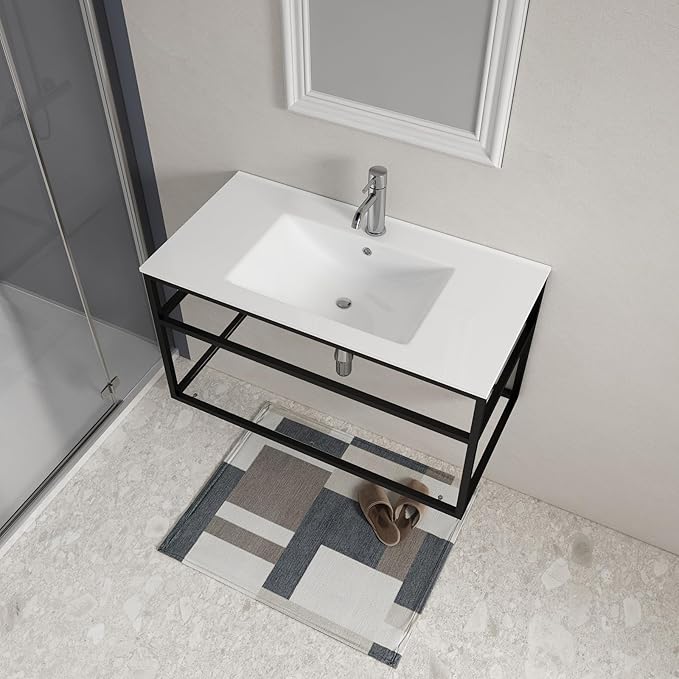 35.83"L×18.31"W×6.69"H Drop-In Rectangular Ceramic Bathroom Vanity Sink Top – White Integrated Overflow Sink with Single Hole Faucet & Pop-Up Drain Assembly