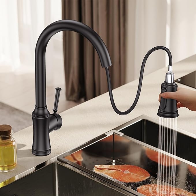Kitchen Faucet with Pull Down Sprayer, Single Handle High Arc Utility Sink Faucet with Deck Suitable for bar for Kitchen Sink, Laundry Sink, Wet Bar or RV, Matte Black