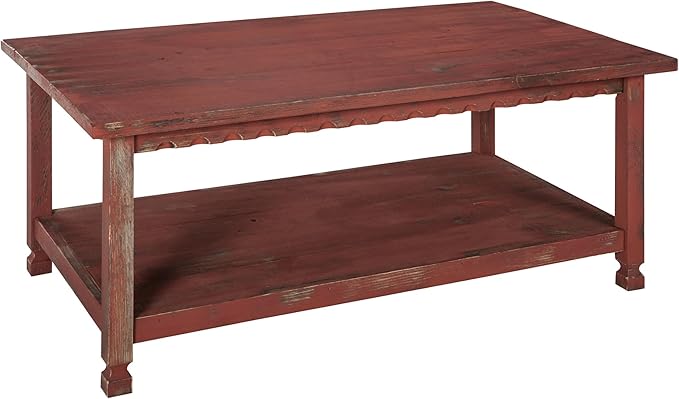 Rustic Rectangluar Coffee Table w/ 1 Shelf, Red Antique, Distressed Finish, Farmhouse Style, Accent Home Decor Living Room Furniture, Hardwoods (Pine/Acacia), Durable, 42 in. W x 24 in. D x 18 in. H
