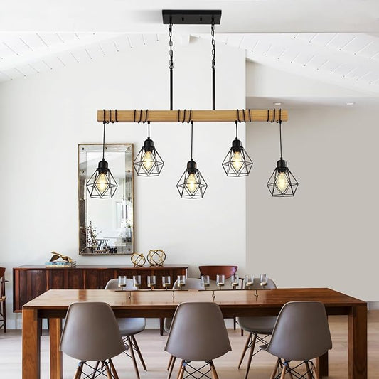 38" Farmhouse Kitchen Light Fixture, Black Hanging Kitchen Chandelier, 5-Light Rustic Dining Room Light Adjustable Height with Wood and Metal Frame, Suit for Farmhouse, Industrial Style