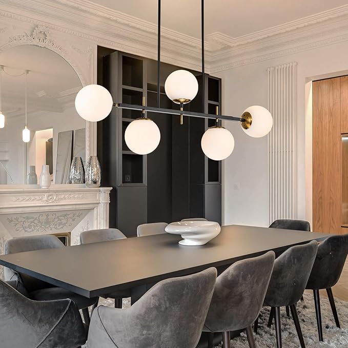 EDISLIVE Modern Milk Globe Chandelier 5-Light Glass Globe Pendant Light Fixture 39.4in E26 Linear Hanging Lighting for Kitchen Island Dinning Room Living Room Black