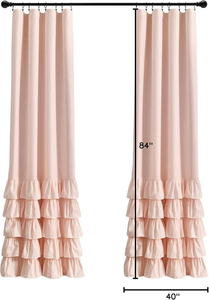 Lush Decor Allison Ruffle 100% Blackout Window Curtain Single 40" W x 84" L Blush - Pink Blackout Curtains for Bedroom or Nursery - Coquette Curtains