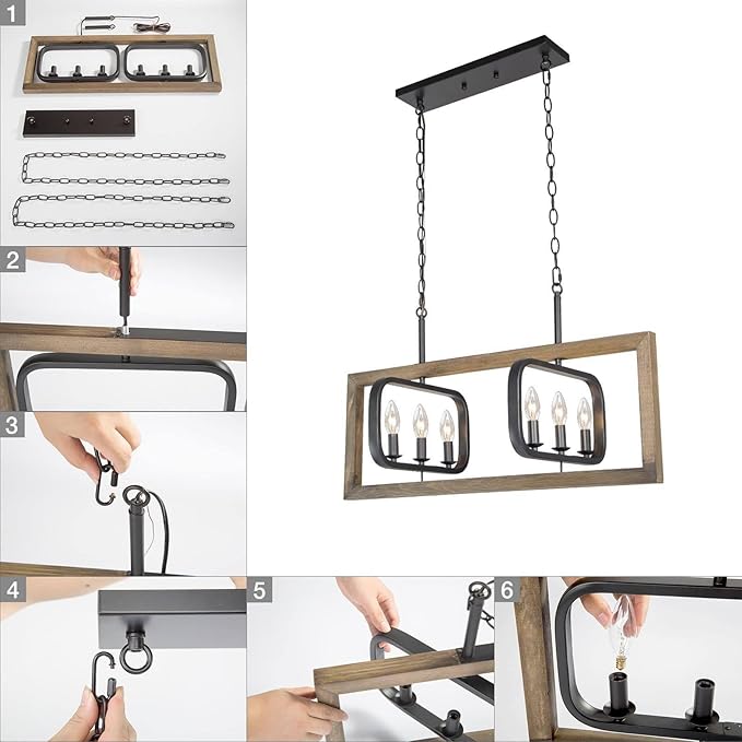 LOG BARN 31'' Farmhouse Chandelier, 6-Light Rectangle Wood Kitchen Island Lighting with Black Metal Rotatable Frame, Rustic Chandeliers Light Fixtures for Dining Room