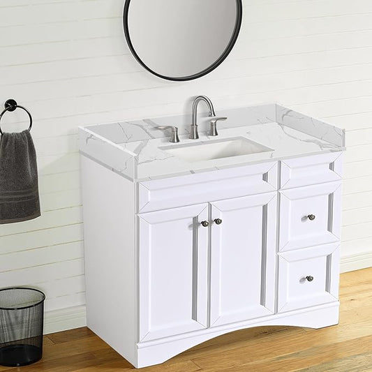 42 in.W x 22 in.D Quartz Calacatta River Vanity Top,with Undermount Middle Sink Vanity Top,with Two Sidesplash & One Backsplash,8 Inch Faucet Hole Spread Bathroom Vanity Sink Countertop