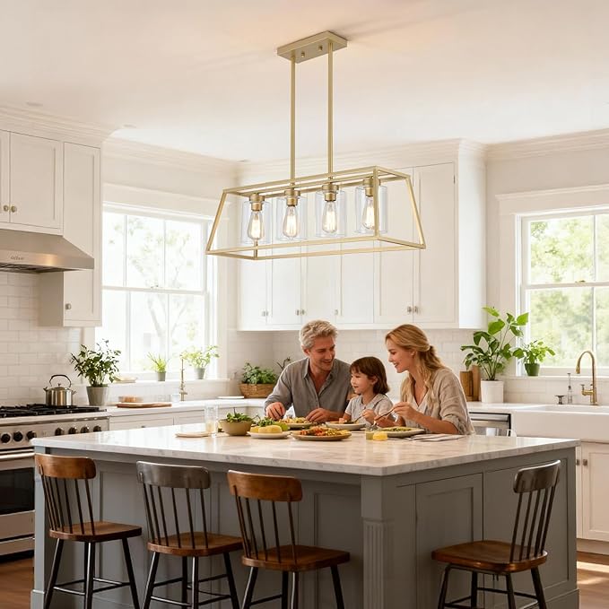 4-Light Gold Chandeliers for Dining Room | Modern Kitchen Island Light Fixture | Rectangle Chandelier for with Clear Glass Shade | Apply to Dining Room Light fixtures Over Table
