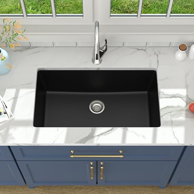 Lordear Black Kitchen Sink 33 Inch Undermount Sinks Quartz Granite Composite Black Single Bowl Under Kitchen Sinks 33x19 Inch