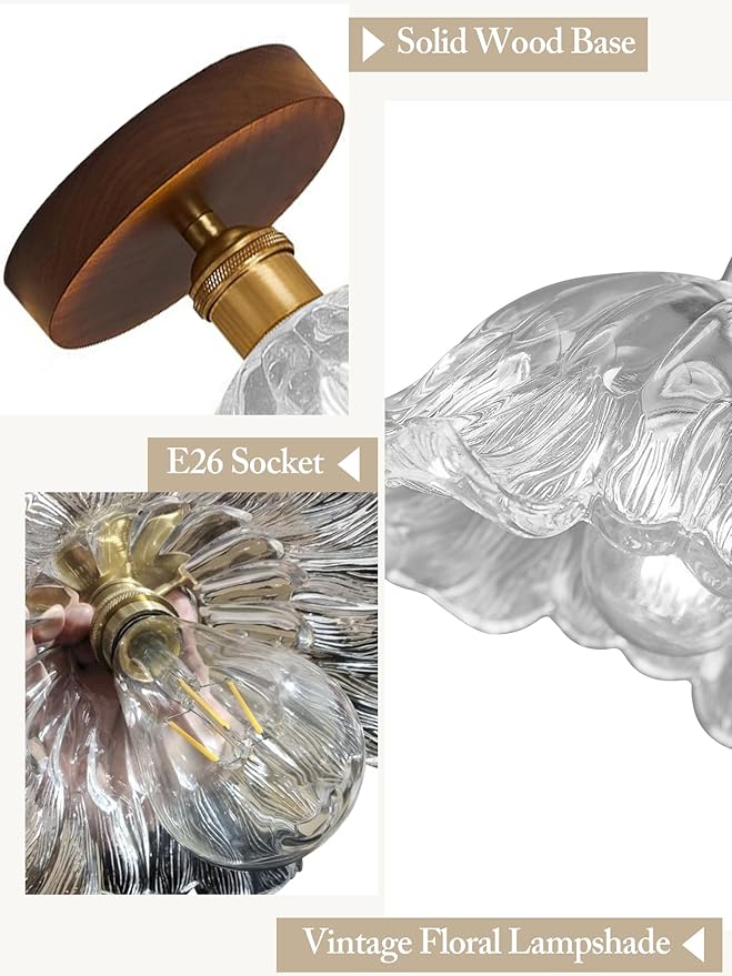 Semi Flush Mount Ceiling Light, Flower Ceiling Light Fixture, Wood Kitchen Ceiling Lights with Glass Shade, Vintage Lighting for Bedroom Bathroom Entryway Hallway, Included Bulb