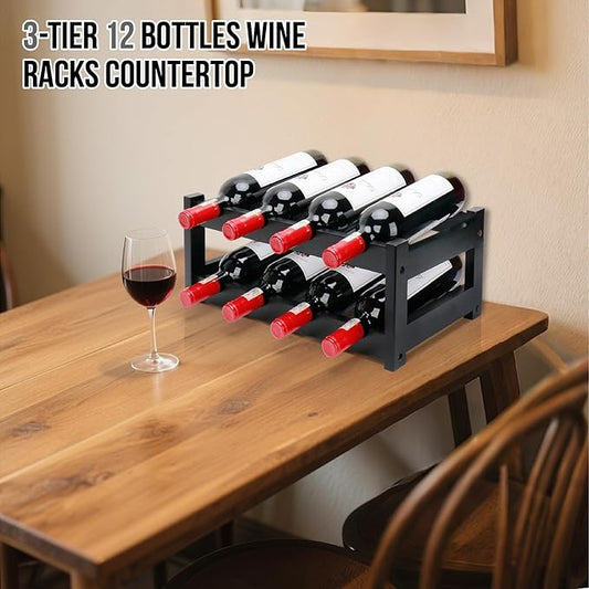 Bamboo Wine Rack, 2-Tier 8 Bottles Wine Storage Cabinet Shelf, Easy-Assembly Freestanding Bamboo Wine Racks Countertop for Kitchen Pantry Dining Room Bar, Black