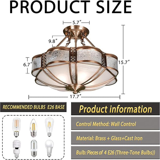 17.7" Vintage Stained Glass Pendant Light Fixture, 4-Light Semi Flush Mount Ceiling Light, Handmade Glass Ceiling Light Fixture for Foyer Entryway Stairway Art Deco