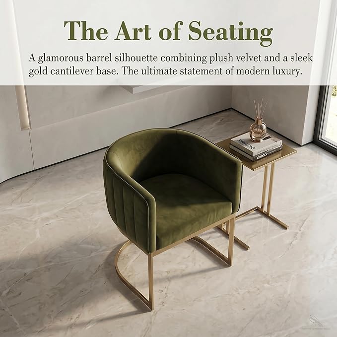 Novastra Olive Gold Barrel Chairs Set of 2, Modern Velvet Upholstered Seating with Curved Back and Cantilever Metal Frame, Luxury Accent Chairs for Kitchen Island & Dining Room