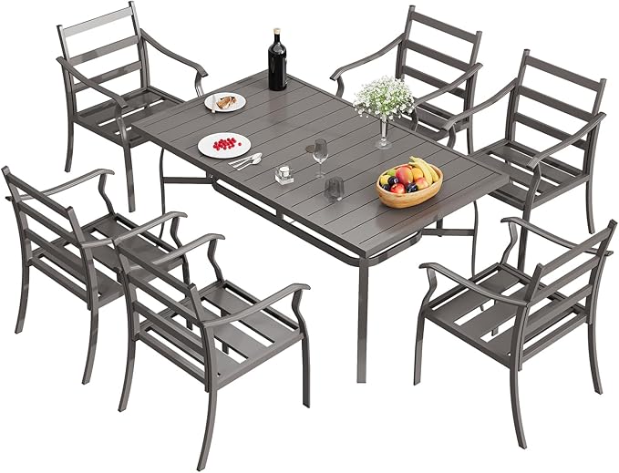 EROMMY 7-Piece Outdoor Patio Dining Set for 6, 6 Metal Slat Chairs & Rectangular Table with Umbrella Hole, Heavy-Duty Patio Furniture for Backyard, Deck and Garden