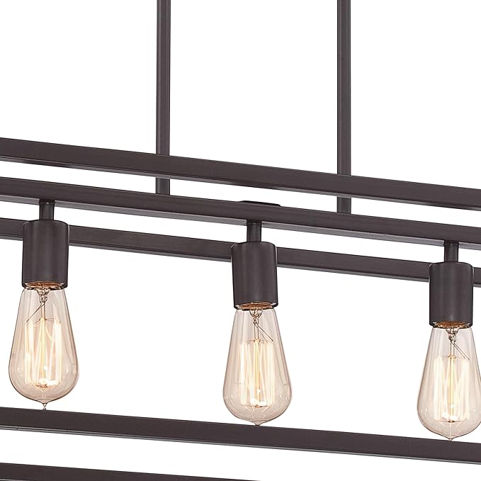 Quoizel New Harbor Linear Chandelier, 38 Inch 5-Light Western Bronze Open-Frame Pendant Lights, 100W, Max Adjustable Height 50", Island Chandelier for Kitchen, Over the Dining Table or Living Room