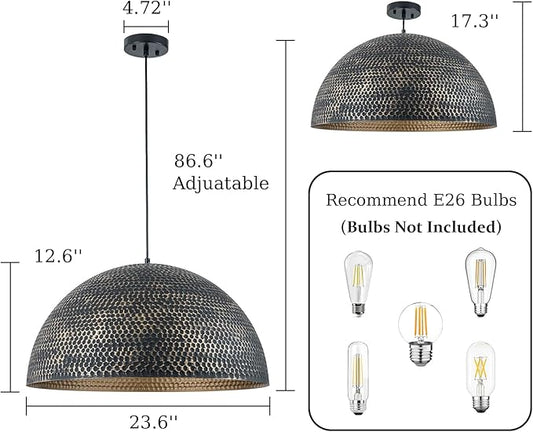 23.6 in. Black and Gold Hammered Pendant Light Fixtures, Industrial Metal Dome Shade, Pendant Lights Kitchen Island, Pendant Light for Kitchen Island and Dining Room