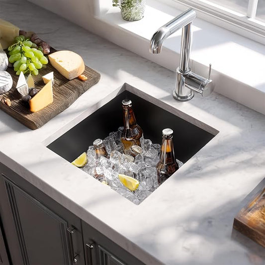 TORVA 14 x 14 Inch Gloss Black Undermount Kitchen Sink, PVD Coated Gunmetal Bar Sink,16 Gauge T-304 Stainless Steel Single Bowl Wet Bar or Prep Sinks with Zero-Radius Corners, Dark Grey