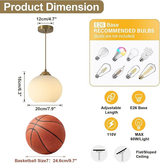 Mid Century Milk Glass Pendant Light Fixture Antique Brass Kitchen Pendant Light Ribbed Glass Ceiling Light Small Globe Pendant Lamp Vintage Gold Pendant Lighting (2 Pack)