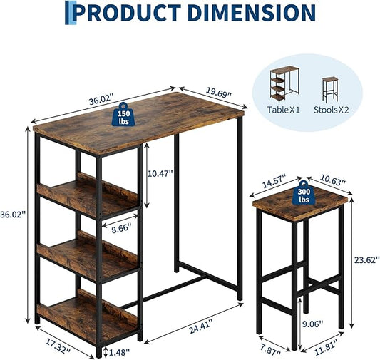 IDEALHOUSE 36" Counter Height Dining Table Set for 2 with Bar Stools and Storage Shelves, Space-Saving Kitchen Table for Small Space, Apartment, Studio, Rustic Brown