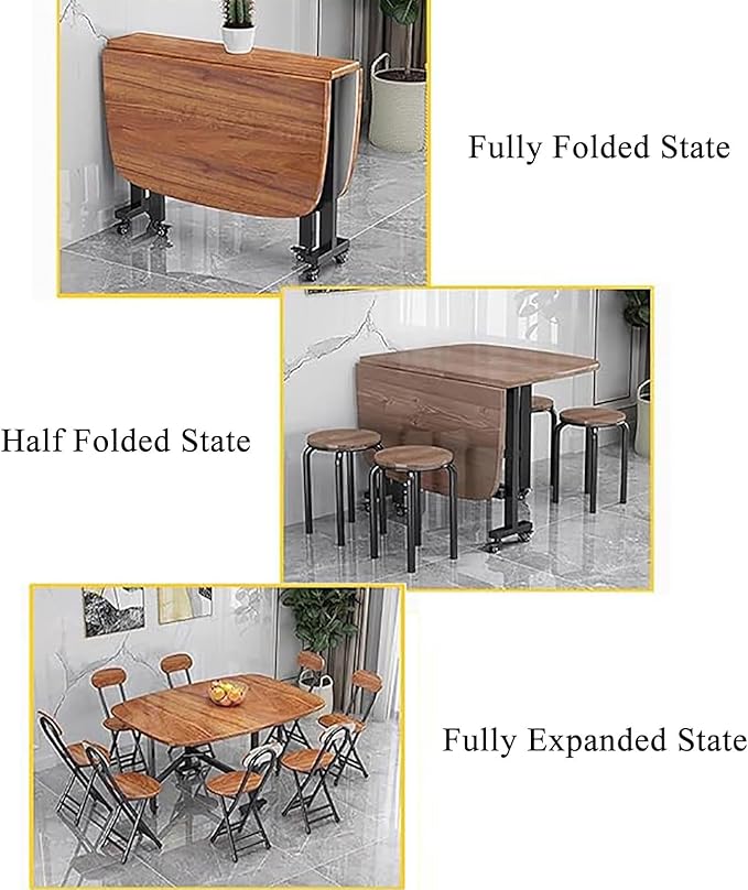 Folding Dining Table with Wheels, Solid Wood Folding Table Foldable Kitchen Table Space Saving Collapsible Table Kitchen Island Table
