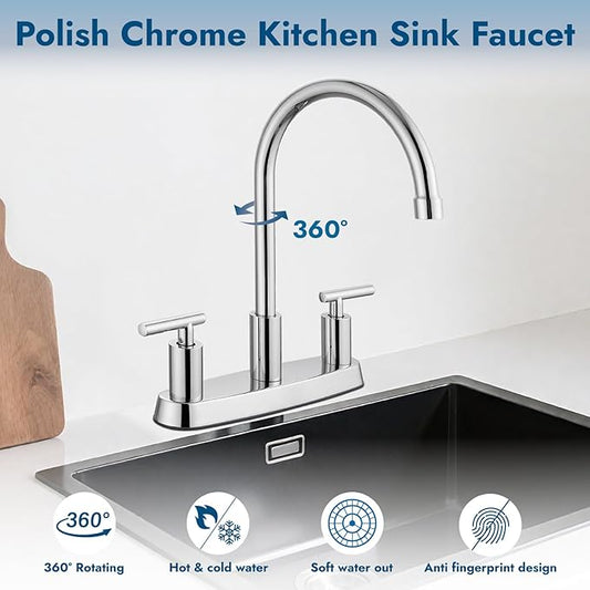 Kitchen Faucets, High Arc 360°Rotating Spout Kitchen Sink Faucet 2 Handle 8 Inch Centerset RV Kitchen Faucet with Supply Lines, 3 Hole Kitchen Faucet Without Side Sprayer, Polish Chrome