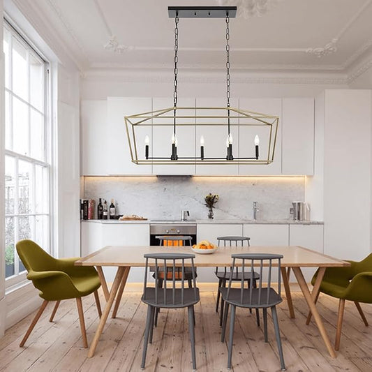 7-Light Farmhouse Lantern Island Chandelier, Black and Gold Rectangular Kitchen Island Light Fixture, Modern Dining Room Hanging Ceiling Light Over Table, E12 Candle Base