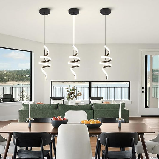 4000K Modern Pendant Light, 15IN Spiral LED Pendant Lights Adjustable Height Black Kitchen Island Fixtures Chandeliers for Dining Room Hanging Lights, 1 Pack
