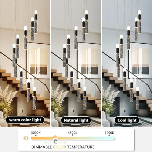 Modern Chandelier,Dimmable Black Gold Led Chandelier for High Ceilings Long Chandelier for Staircase with Remote Controller