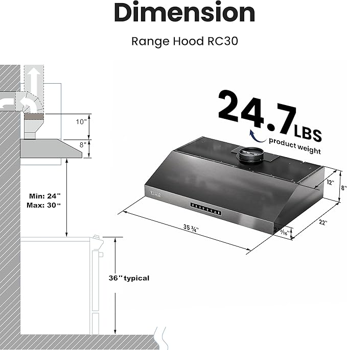 VIKIO HOME Range Hood 36 inch,Black Stainless Steel (PVD) Kitchen Exhaust Hood with 1200 CFM,1.5 Sones Quiet for Stove Vent Hood,Hood Vent with 3 Speed Gesture Sensing&Touch Control Panel