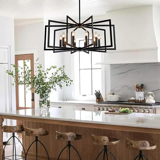 Black Chandelier for Dining Room 8-Light Farmhouse Chandelier,Modern Geometric Industrial Meta Pendant Light Fixture Adjustable Height Hanging Lighting for Dining Room,Living Rooms,Villas,Entryway