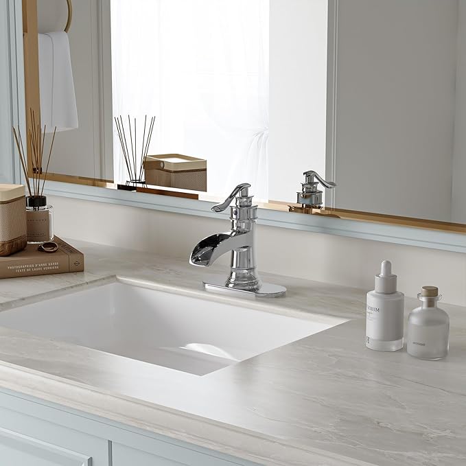 BWE Chrome Waterfall Bathroom Faucet, Single Handle One Hole Sink Faucet with Pop Up Drain and Water Supply Line for Vanity Basin, Solid Brass Construction