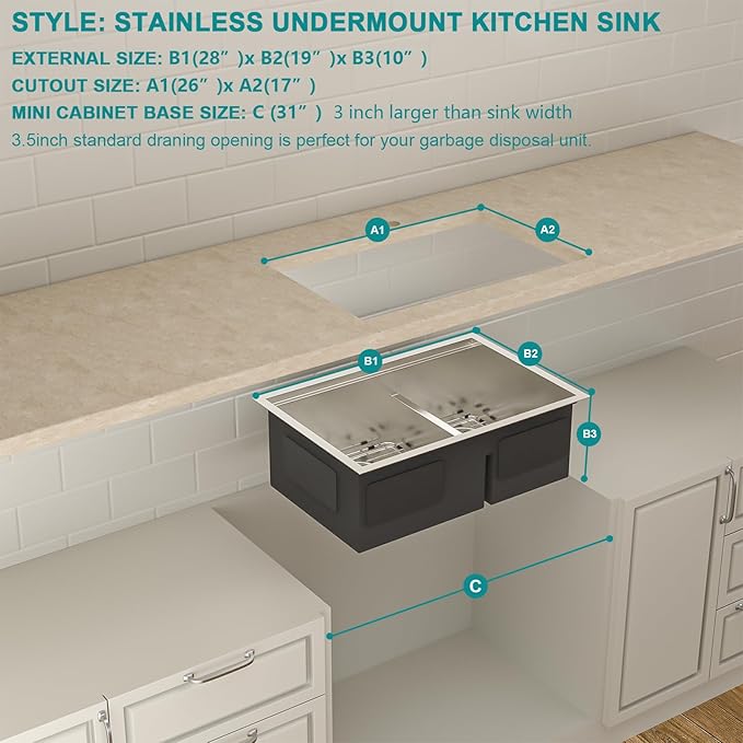 Lordear 28 Inch Undermount Kitchen Sink Double Bowl Stainless Steel 16 Gauge Undermount Workstation 60/40 Sink with Smart Low Divider 28x19 Inch Double Basin Under Counter Kitchen Sinks