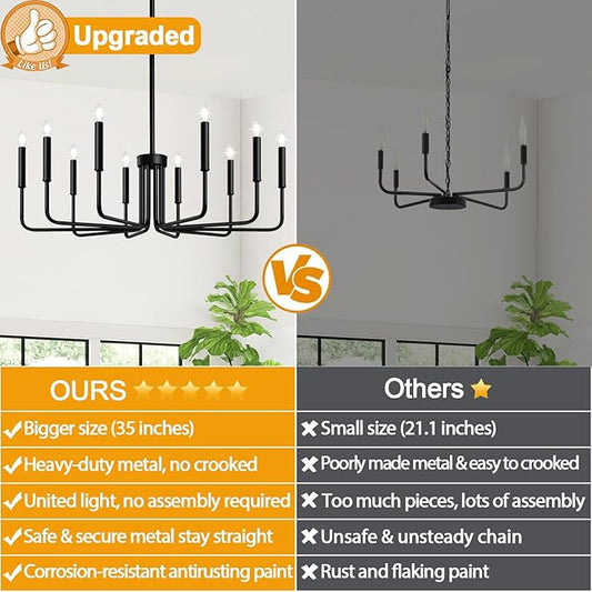 Lynnoland Black 10-Light Chandelier, Farmhouse Chandeliers for Dining Room Lighting Fixtures Hanging, Vintage Candle Pendant Light Fixtures Chandelier for Bedroom, Foyer and Living Room