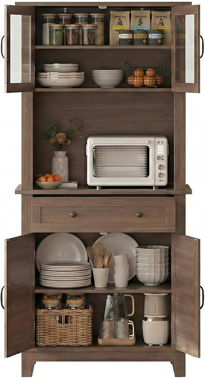 Garvee 72 in Tall Kitchen Pantry Cabinet, Kitchen Hutch Bar Cabinet with Microwave Stand, Cupboard with Drawers Glass Doors for Dining Room, Living Room, Brown