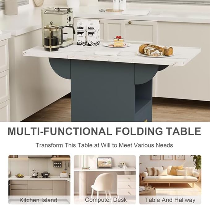 Folding Dining Table with Storage Drawer & Lockable Wheels, Marble Texture Drop Leaf Kitchen Table for Dining Room, Apartment