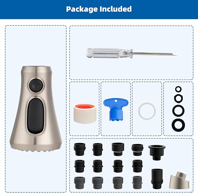 Hibbent Pull Down Kitchen Faucet Head Replacement, NSF/ANSI/CAN 61 & CUPC Certified 3-Function Sink Spray Nozzle with 15 Adapters Compatible with Moen, Delta, Kohler Faucets, Brushed Nickel
