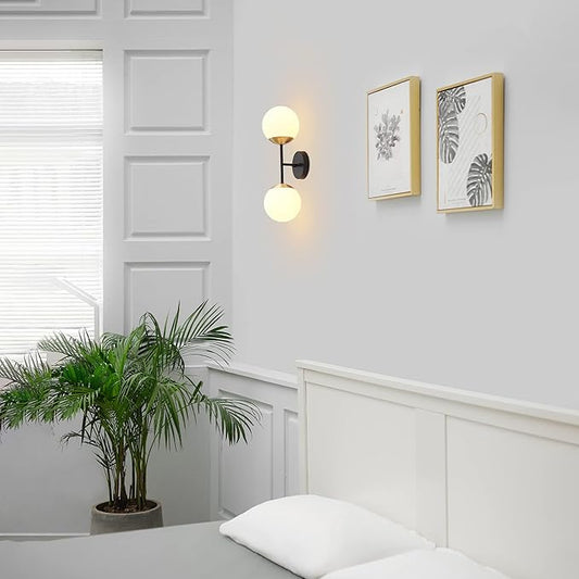 Globe Electric 52079 2-Light Wall Sconce, Matte Black, Antique Brass Accent Socket, Matte Opal Glass Shades, Modern Light for Living Room or Bedroom, Dimmer Switch Compatible, E26 Base