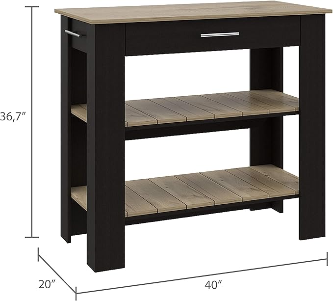 GOWE Kitchen Island 37" H, Two Open Storage Shelves, One Drawer, Four Legs,Towel Hanger, Black/Light Oak