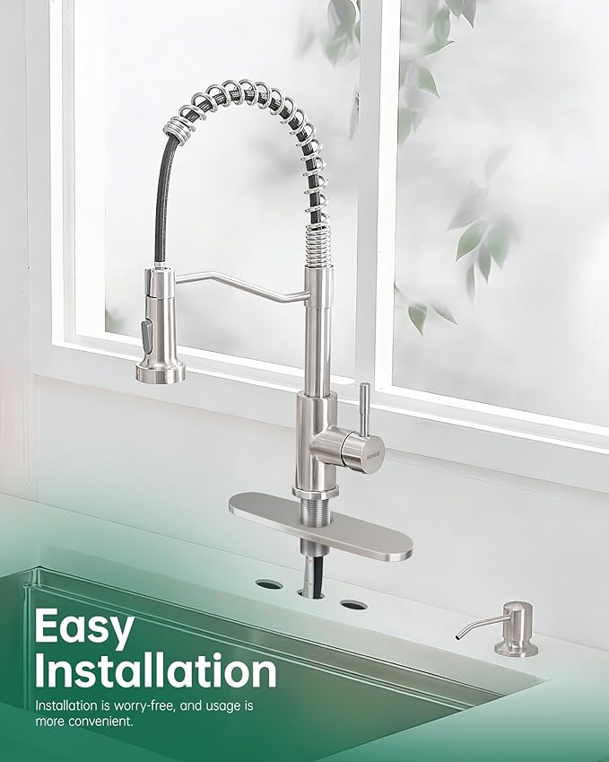 AIMADI Kitchen Faucet with Soap Dispenser and Pull Down Sprayer,Spring High Arc Design Stainless Steel Sink Faucet Single Handle 1 or 3 Hole Farmhouses,RV,Laundry,Outdoor