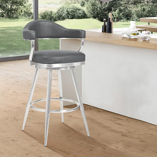 Justin Modern Farmhouse 26" Seat Height Swivel Vintage Gray Faux Leather Bar Stool with Brushed Stainless Steel Legs for Kitchen Island Counter, Set of 2