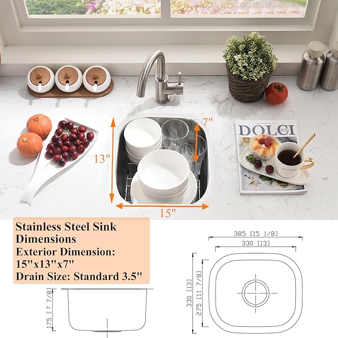 Stainless Steel Undermount Bar Sink-Bokaiya 15x12 Inch Small Undermount Sink Wet Bar Prep Sink 16 Gauge Outdoor Rv Single Bowl Kitchen Sink with Dish Grid